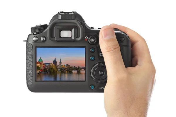 Kamera Och Stadsbild Prag Tjeckien Mitt Foto Isolerad Vit Bakgrund — Stockfoto