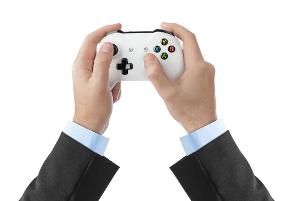 Handen Draadloos Gaming Console Gamepad Geïsoleerd Witte Achtergrond — Stockfoto