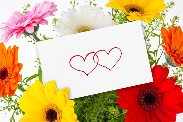 Bukiet Kwiatów Kartka Życzeniami Tło Uroczystości — Zdjęcie stockowe