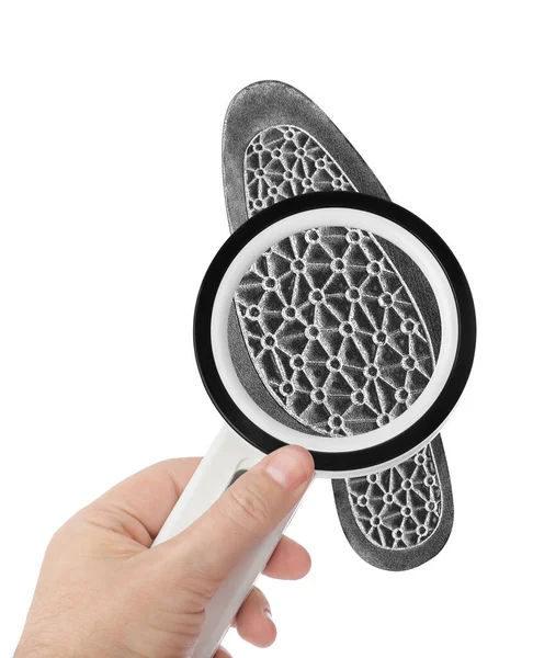 Magnifying Glass Hand Shoe Printout Isolated White Background — Stock Photo, Image