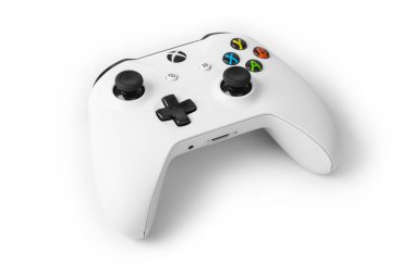 Moskova, Rusya - 18 Nisan 2019: Xbox konsolu için kablosuz oyun sahası - beyaz arkaplanda izole.