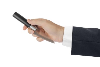 El beyaz arka planda izole edilmiş bir bıçak fırlatıyor.