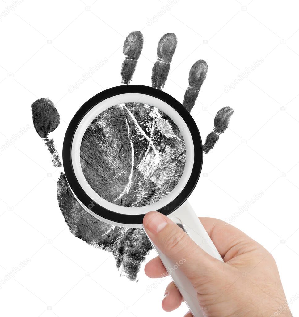 Magnifying glass and hand print isolated on white background