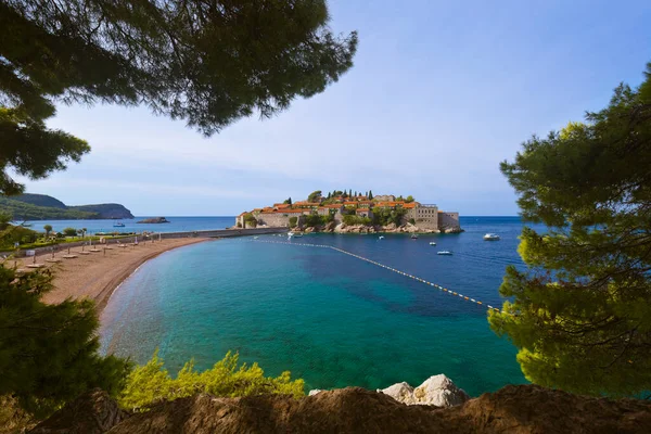 Eiland Sveti Stefan Montenegro Architectuur Natuur Achtergrond — Stockfoto