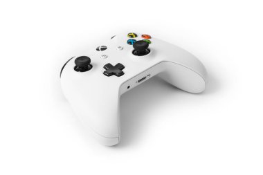 Moskova, Rusya - 18 Nisan 2019: Xbox konsolu için kablosuz oyun sahası - beyaz arkaplanda izole.