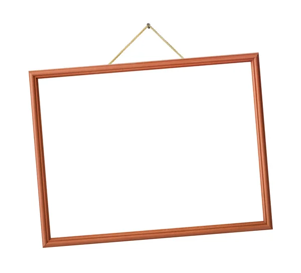 挂在白色背景上孤立的绳子上的木制画框 — 图库照片