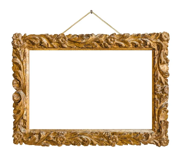 挂在白色背景上的绳子上的旧木制画框 — 图库照片