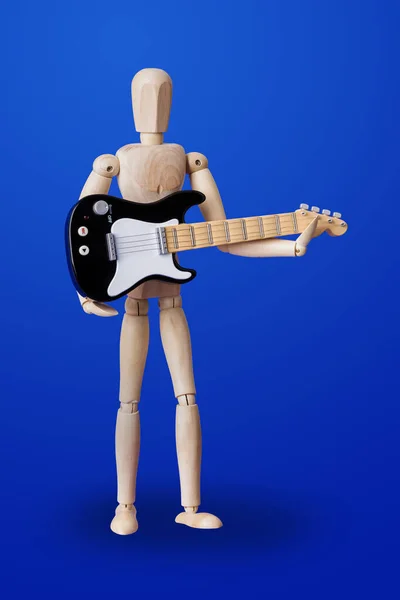 Wooden Toy Figure Electric Guitar Blue Background — Stock Photo, Image
