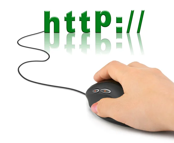 Hand with computer mouse and word http — Stock Photo, Image