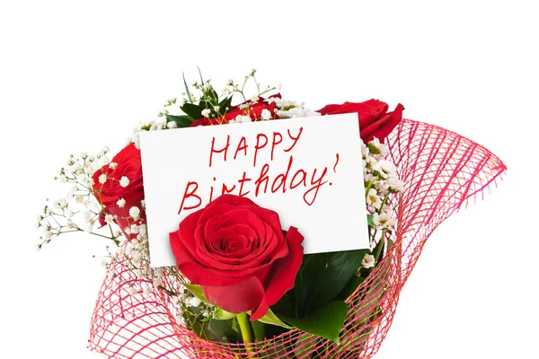 Buquê de rosas e cartão Feliz aniversário — Fotografia de Stock