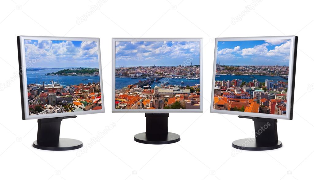 Istanbul Turkey panorama in computer screens