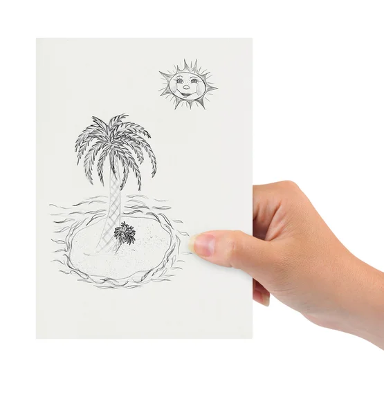 Mano con dibujo isla tropical — Foto de Stock