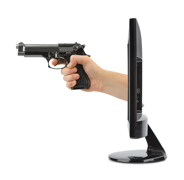 Kézzel fegyvert és a tv — Stock Fotó