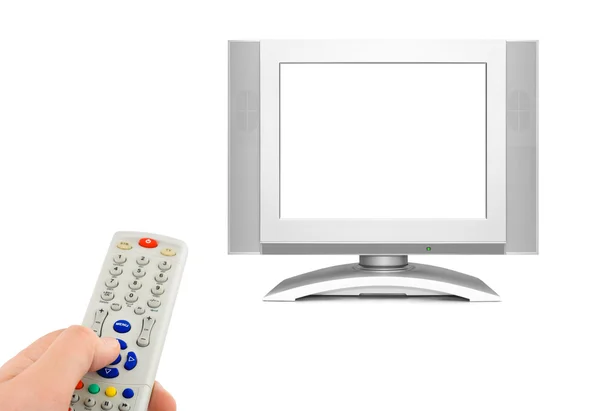 Hand met afstandsbediening en tv — Stockfoto