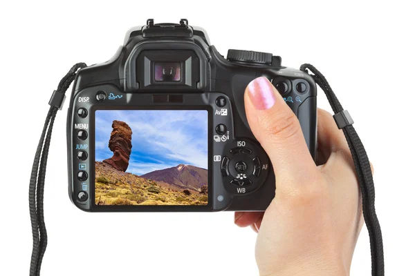 Câmera na mão e vista Canária de Tenerife (minha foto ) — Fotografia de Stock