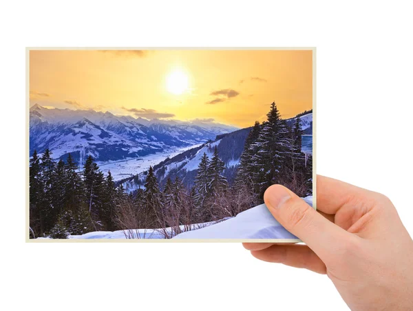 Bergen zonsondergang (Oostenrijk) fotografie in hand — Stockfoto