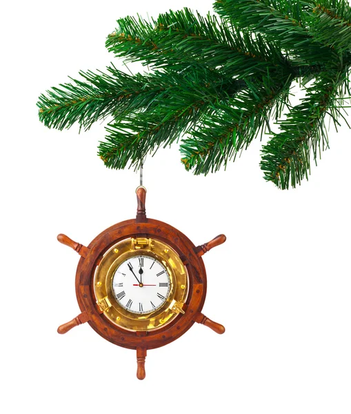 圣诞树和木材掌舵的时钟 — 图库照片