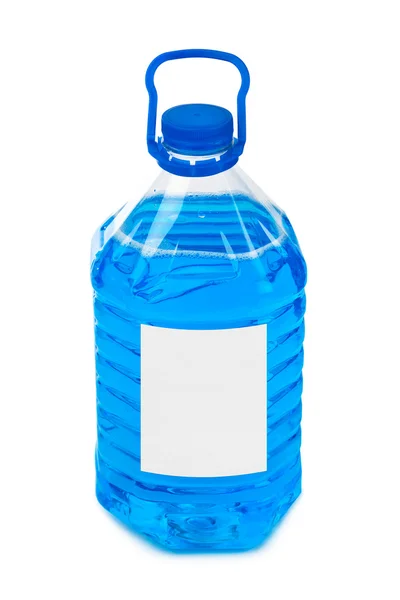Fles met blauwe vloeibare en lege label — Stockfoto