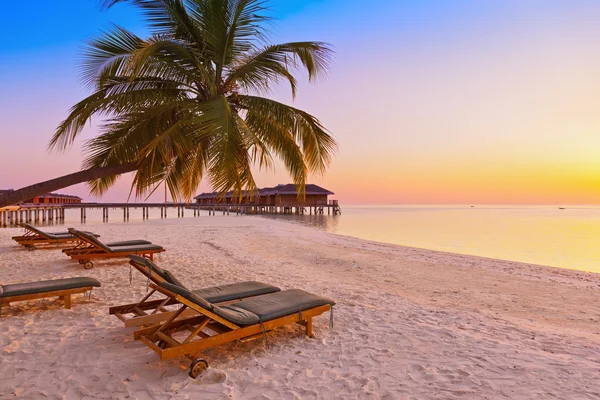 Solstolar på Maldiverna strand — Stockfoto