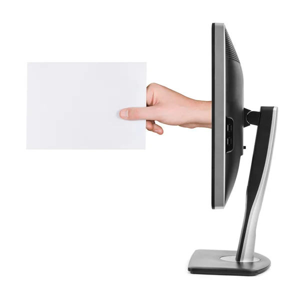 Hand with blank card and computer monitor — Stock Photo, Image