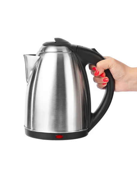 Electric kettle in hand — Stock Photo, Image