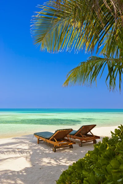 Espreguiçadeiras na praia das maldivas — Fotografia de Stock