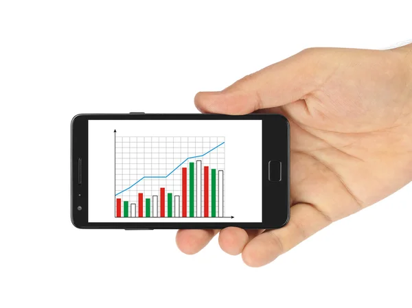 Hand met smartphone en business diagram — Stockfoto