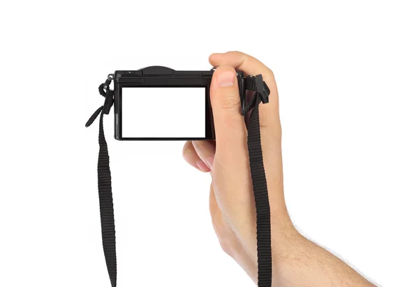 Foto camera in de hand — Stockfoto