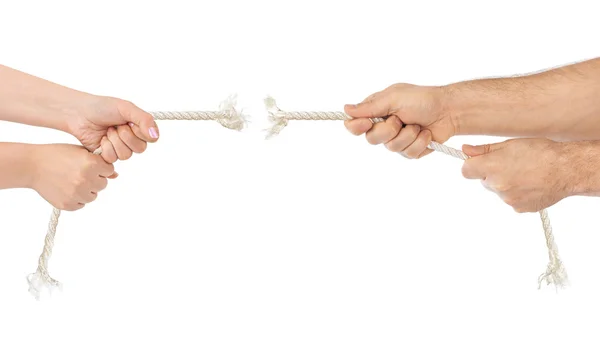 ロープを壊すと男と女の手 — ストック写真