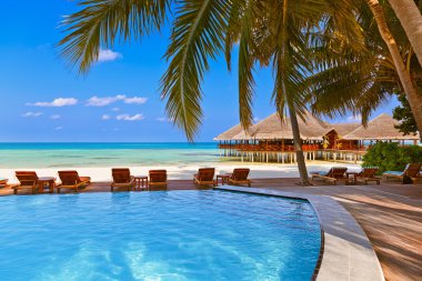 Pool and cafe on Maldives beach clipart