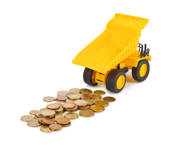 Játék autó teherautó és a pénz érmék — Stock Fotó