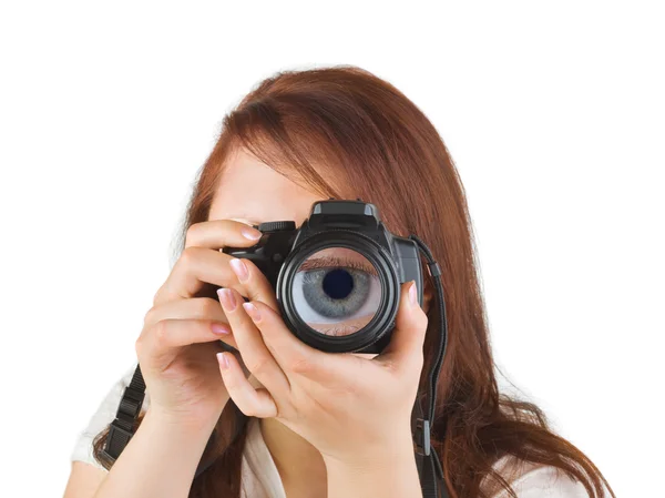 Woman with camera and eye in lens — Stock Photo, Image