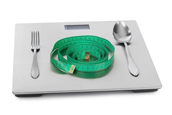Ruban à mesurer et balance de poids — Photo