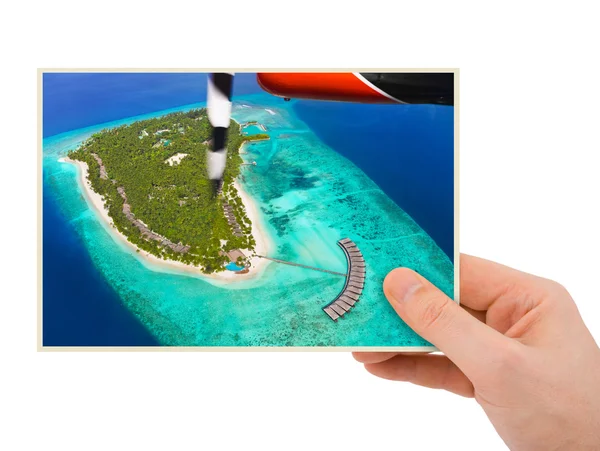 Hand and Maldives beach image (my photo) — Stock Photo, Image