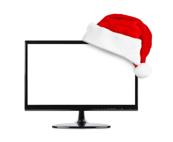 TV e Babbo Natale rosso cappello di Natale — Foto Stock