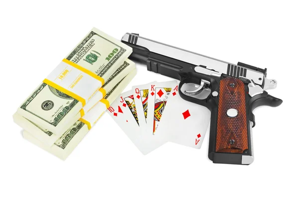 Όπλο χρήματα και παίζουν χαρτιά — Φωτογραφία Αρχείου
