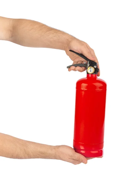 Mãos com extintor de incêndio — Fotografia de Stock