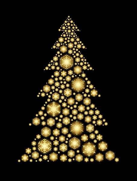 Fiocchi di neve dorati incandescenti a forma di albero di Natale . — Vettoriale Stock