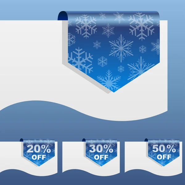 Zima sprzedaży rabat etykiety gięte wokół krawędzi papieru z snowflak — Wektor stockowy