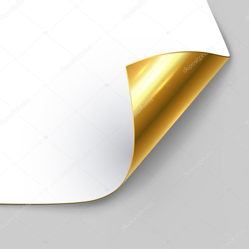 Curled golden page corner with shadow vector template.