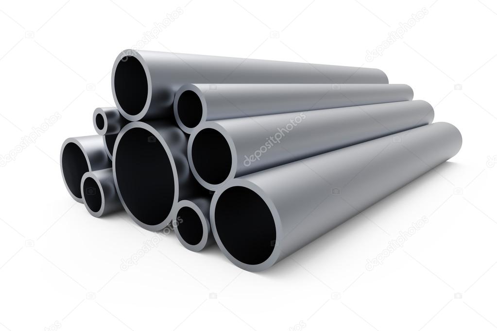 Pile of steel pipes isolated on white background.