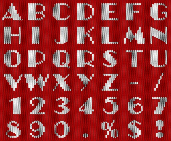 Rot und weiß gestrickte Weihnachts-Alphabet-Vektorvorlage. — Stockvektor