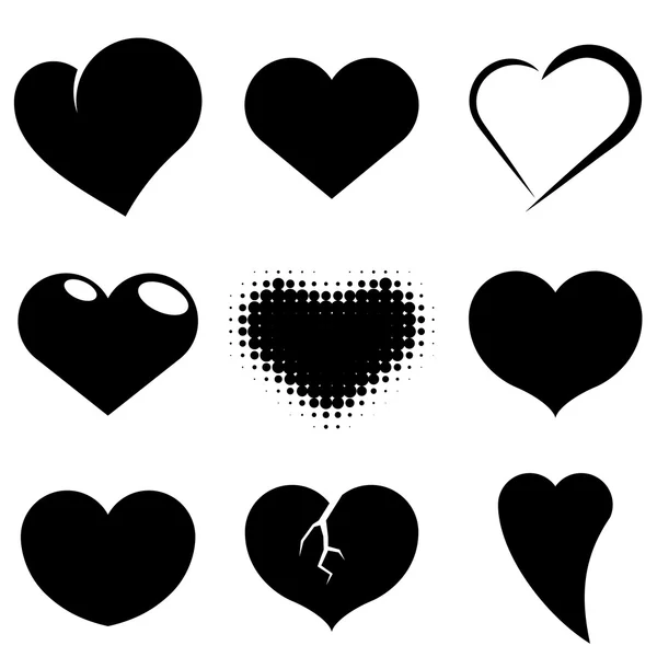 Zwart-wit hart vormen vector set. — Stockvector