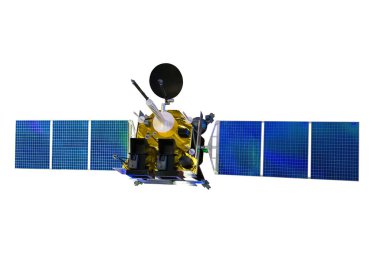 Telekomünikasyon uydusunun beyaz arkaplandaki modelini ayır