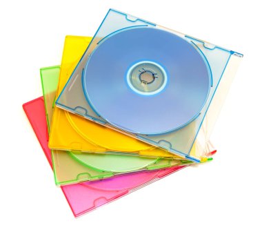 Bilgi depolama için diskleri olan renkli kutular. CD için Kutu