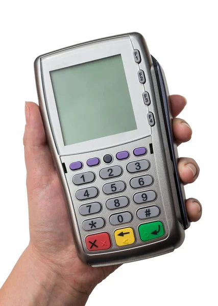 Moderne Bank Terminal Een Hand Knoppen Van Het Toetsenbord Van — Stockfoto