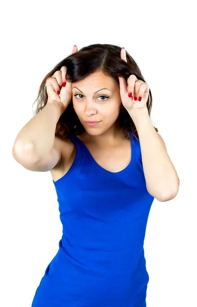 Playful  teen girl shows horns — Stock Photo, Image