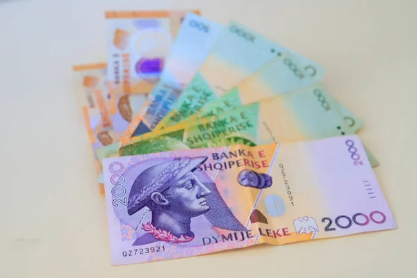 Saranda Albania October 2020 Albanian Lek Banknotes Money Table — Stock Photo, Image