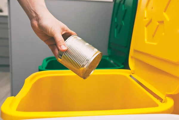 Woman Throws Tin Can One Three Container Sorting Garbage — Stock Photo, Image