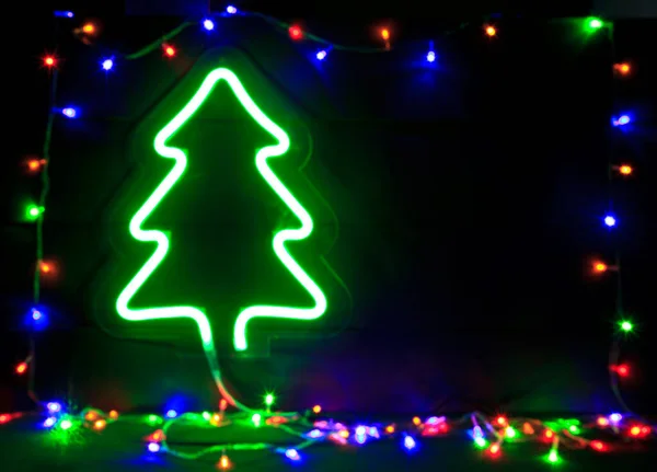 Beautiful Christmas Background Lot Lights White Neon Christmas Tree Wooden — Stock Photo, Image